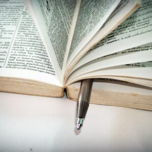 A close-up of an open dictionary with a pen separating the pages for convenient reference.