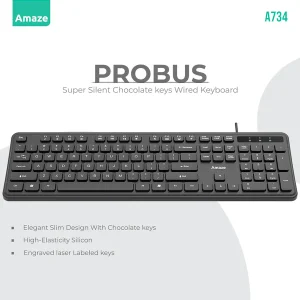 Amaze A734 Probus Super Silent Chocolate Keys Wired Keyboard – Black – BIS